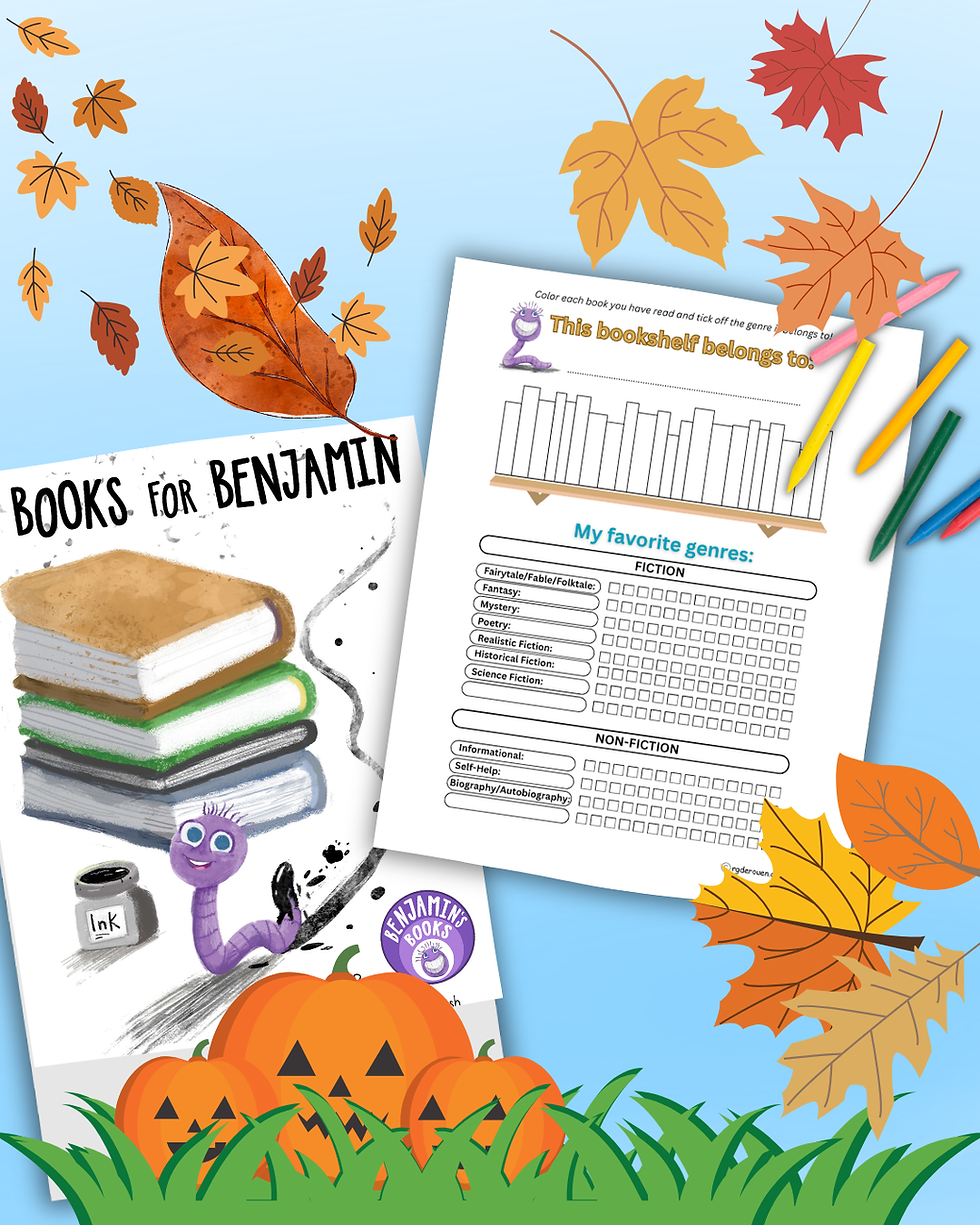 cover of Books For Benjamin book and a reading genre log worksheet