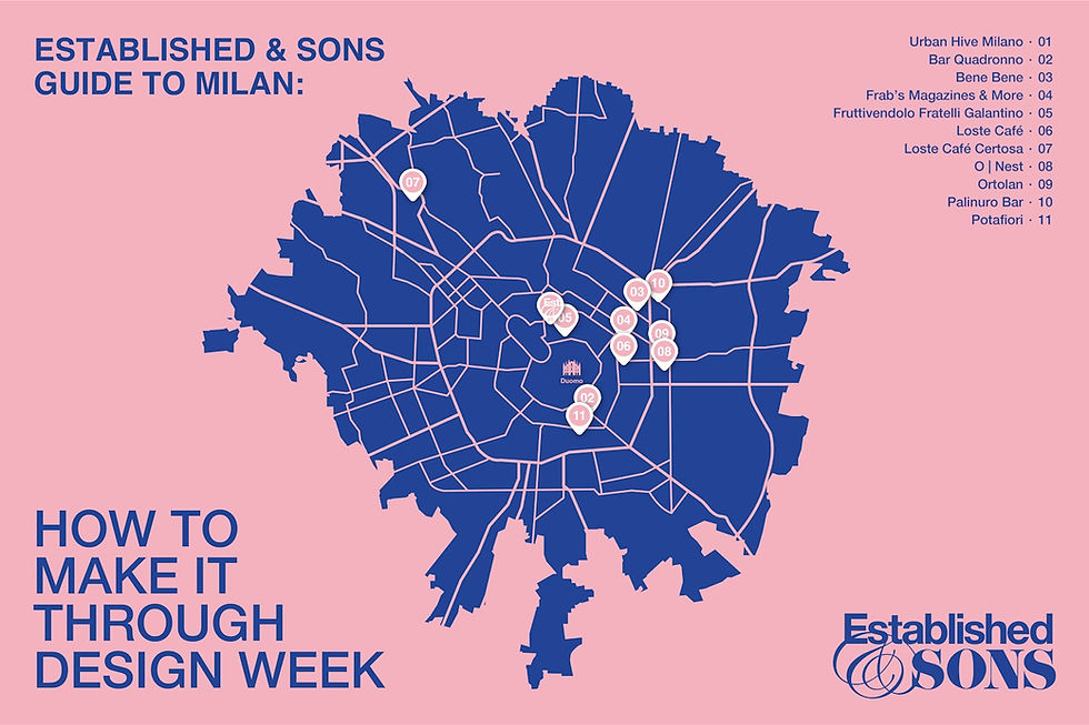 Map of Milan on a pink background, highlighting venues for Design Week. Blue text reads "Established & Sons Guide to Milan."