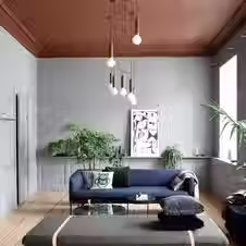 A contemporary room with a statement ceiling.