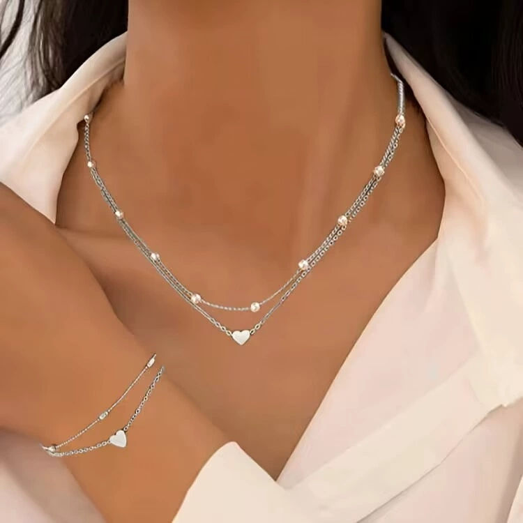 Thumbnail: Fashion Imitation Pearl Heart Jewelry Set For Women Gold Silver Color Round Bead