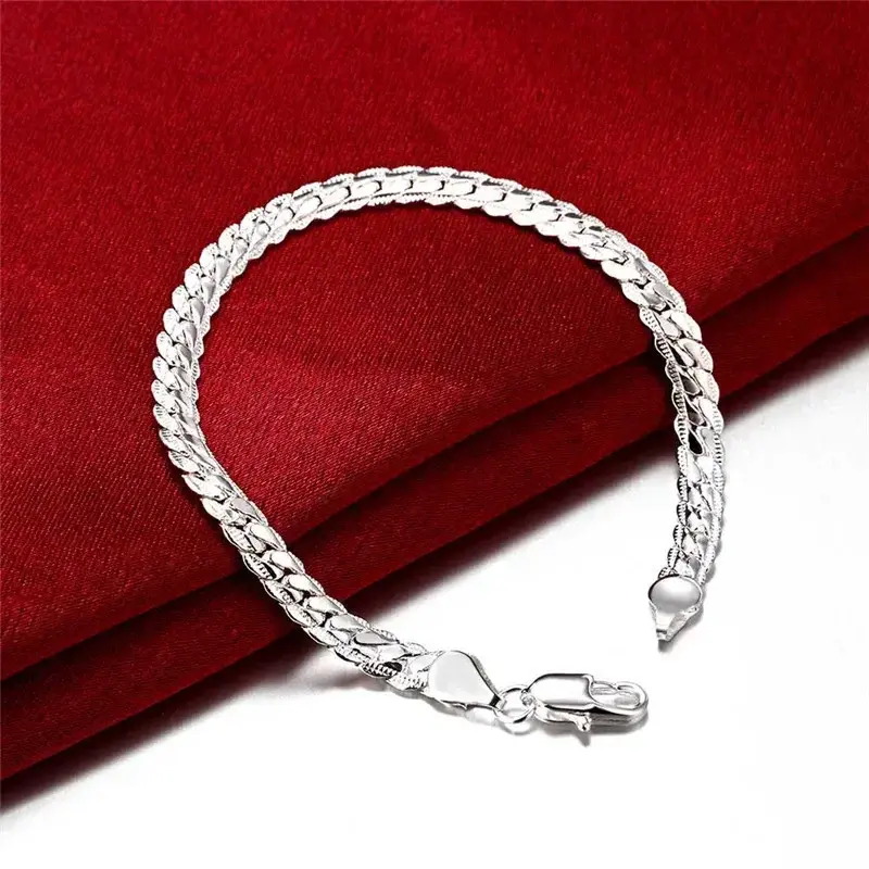 Thumbnail: 925 Sterling Silver 2 Piece Full Side Chain Necklace Bracelet Women Men Fashion 