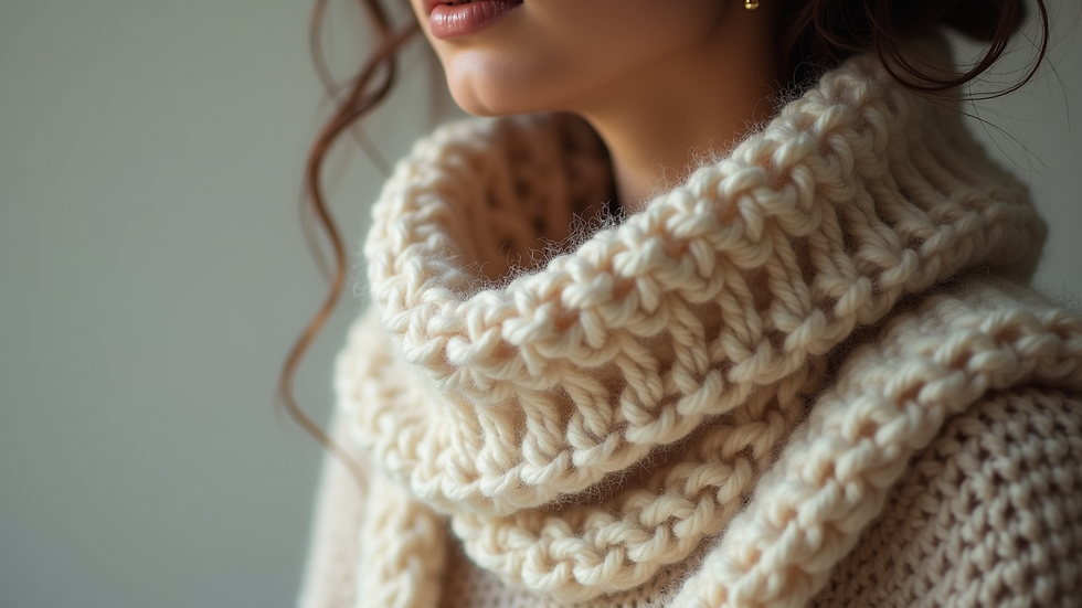 Close-up of a textured crochet scarf in neutral tones