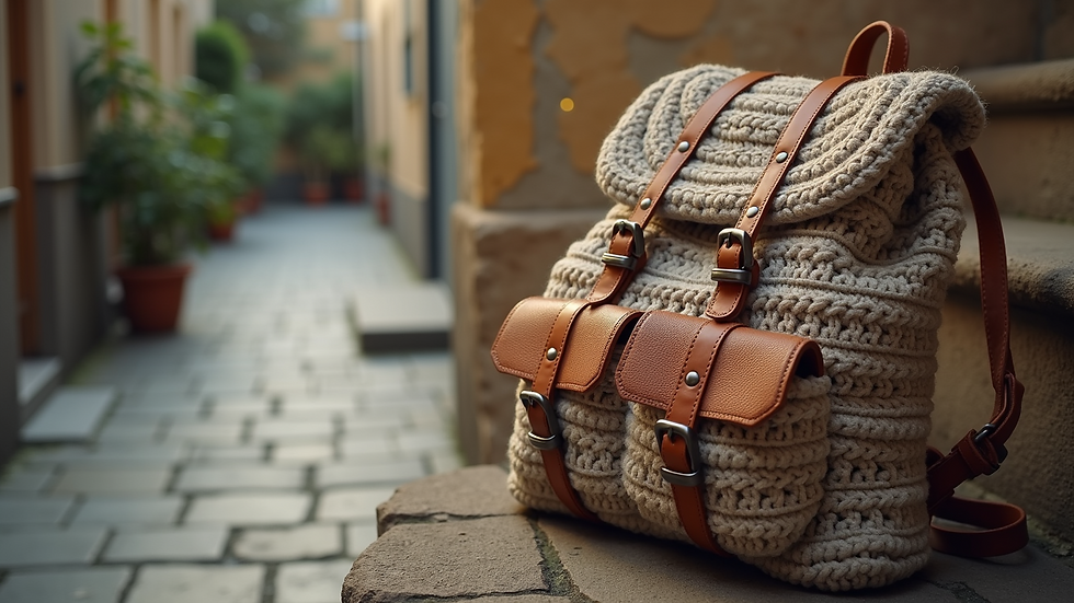 High angle view of a crochet backpack with leather straps