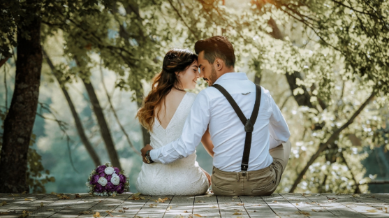 Couple in wedding attire sits on a wooden dock in a sunlit forest, leaning close beside a purple bouquet.