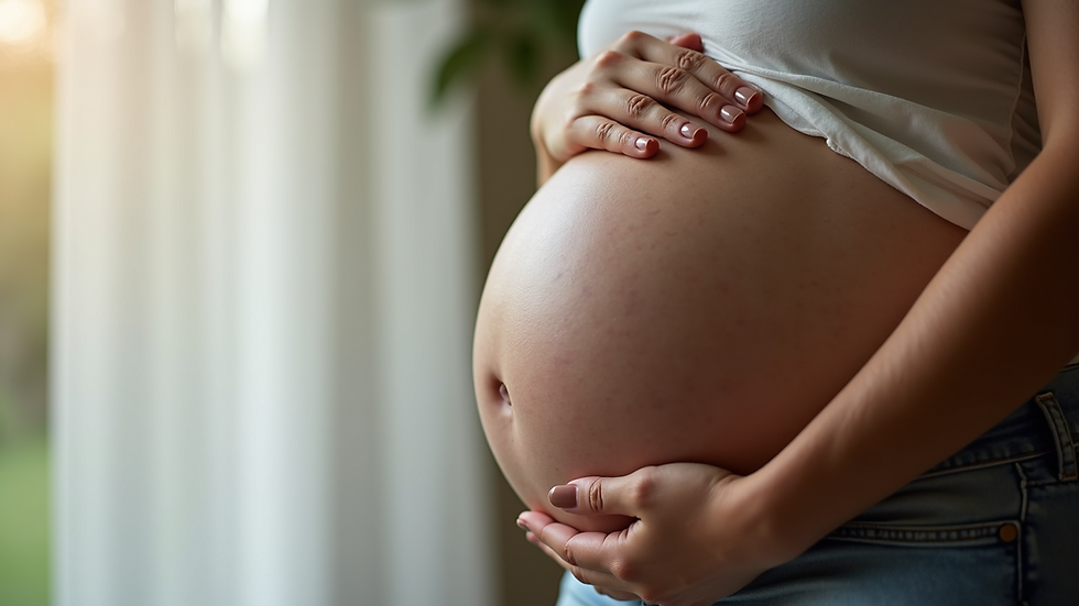 Close-up view of a pregnant woman holding her belly with a serene expression