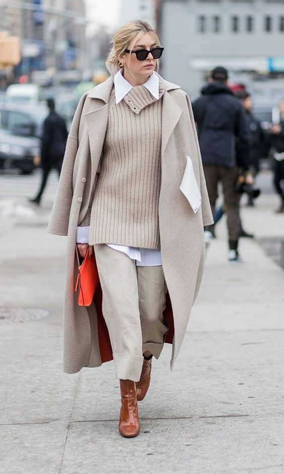 Still cold out? Try this nude monochromatic layered look. Add a bright colored handbag to make everything pop. Let Daily Dress Me help you find the perfect outfit for whatever the weather! dailydressme.com/