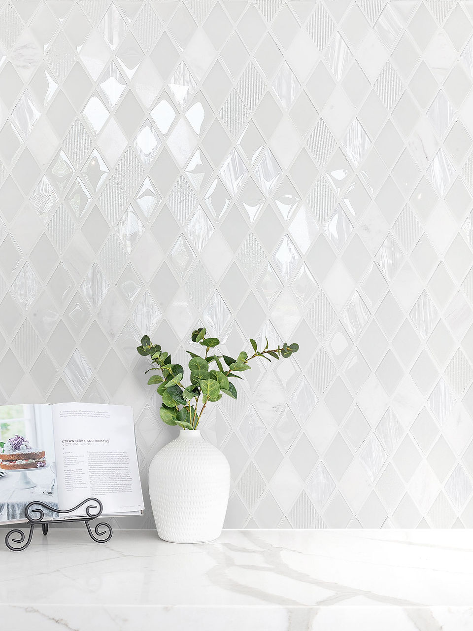 white and glossy diamond shape backsplash 