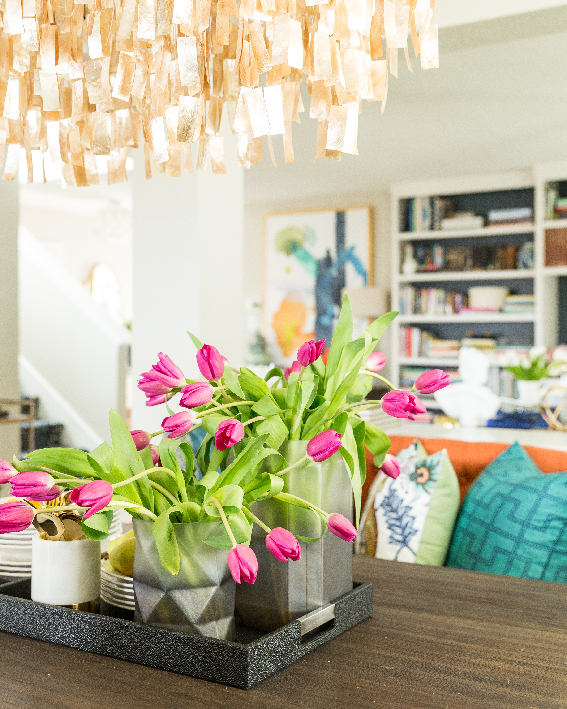 fuchsia tulips in a dining room