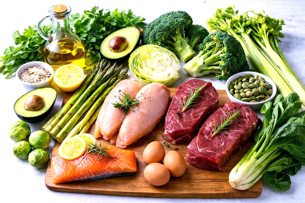 Salmon, chicken, beef, eggs, and fresh green vegetables