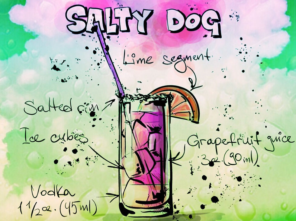 Salty Dog alcohol beverage graphic design stating specific ingredients needed to make cocktail