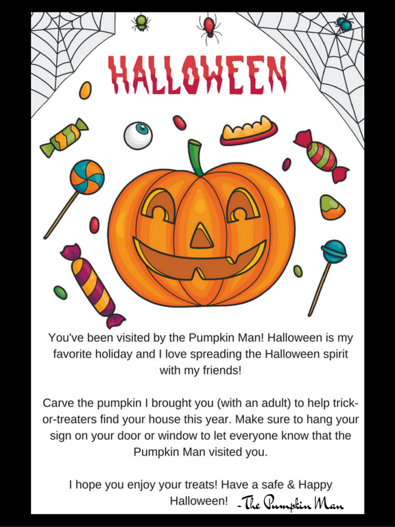 Letter from The Pumpkin Man with a pumpkin, spiderwebs and candy