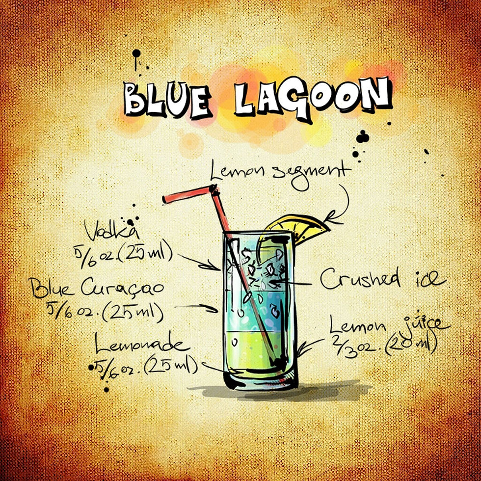Blue Lagoon alcohol beverage graphic design stating specific ingredients needed to make cocktail