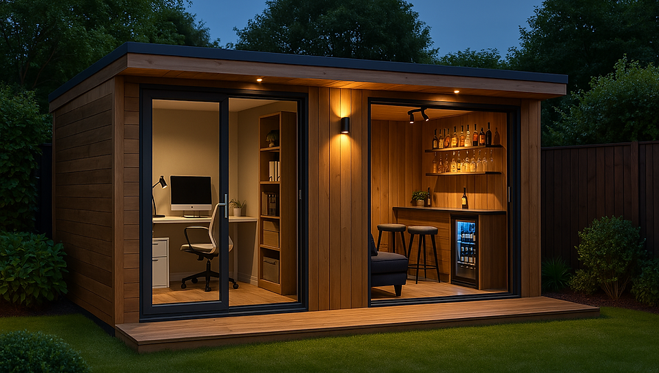 Garden room in surrey showing an entertainment bar space with wood cladding, decking and downlights