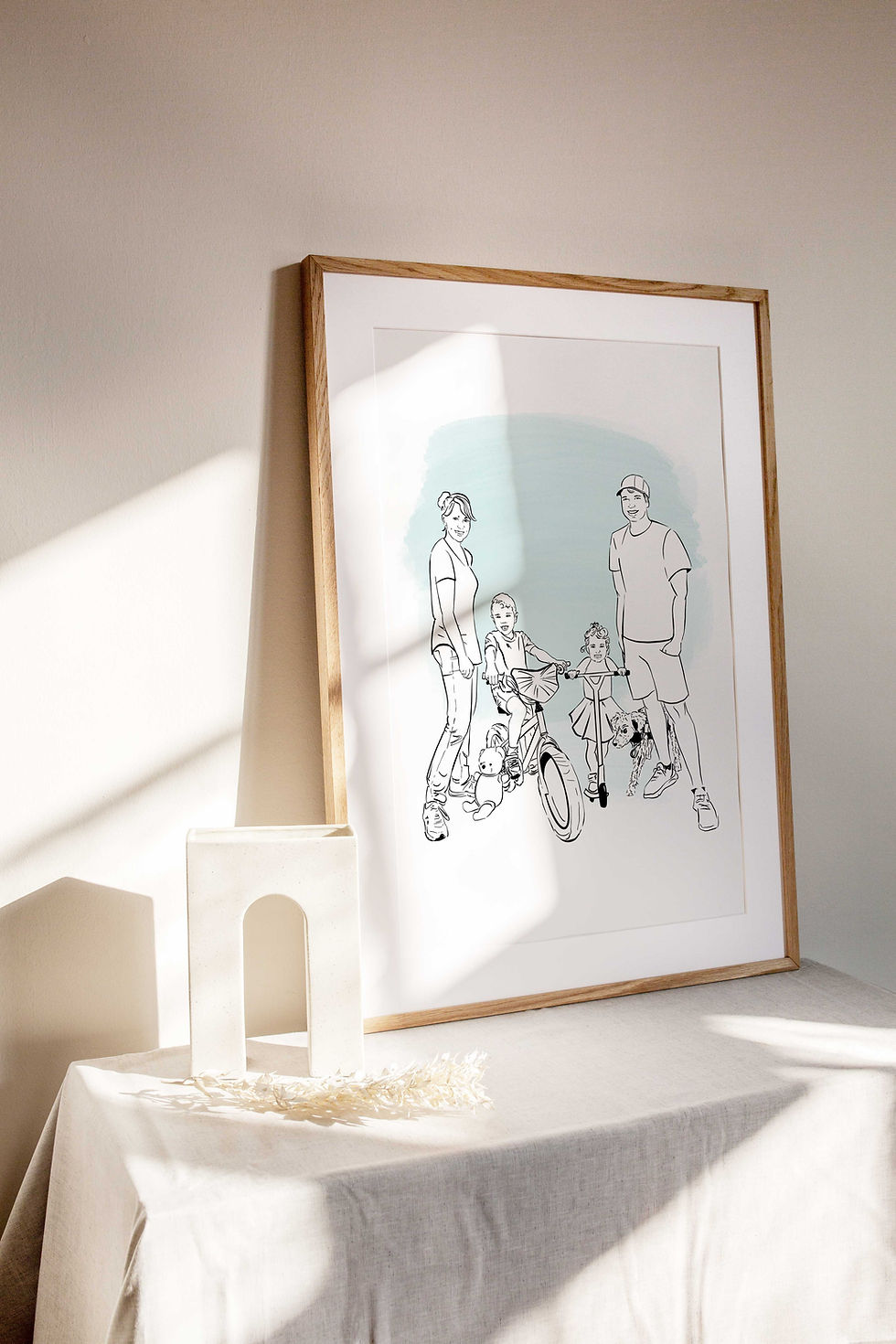 Thumbnail: Framed line drawing of family based on their own photos