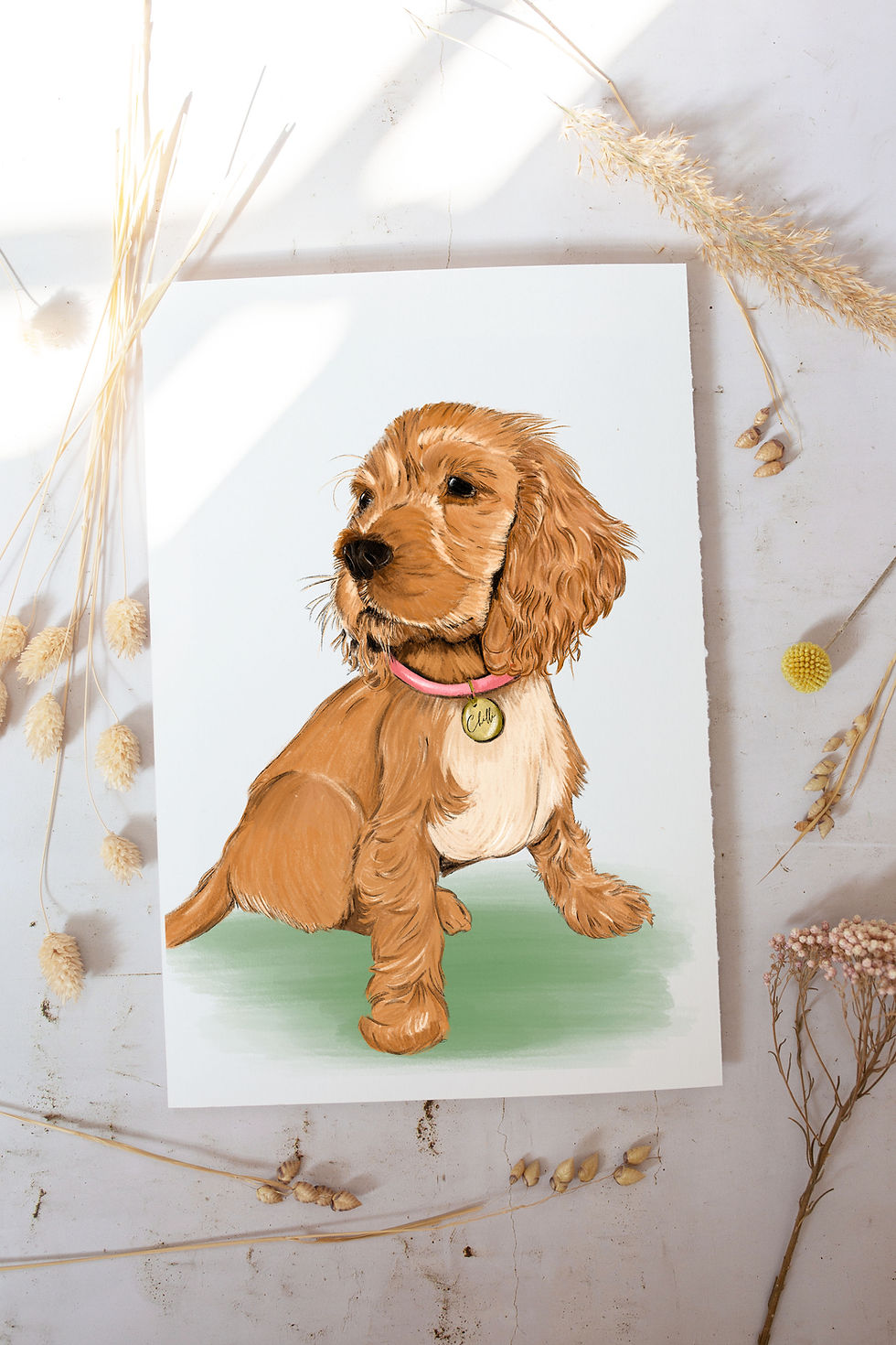 Thumbnail: Printed digital portrait illustration of spaniel pet dog with flower crown
