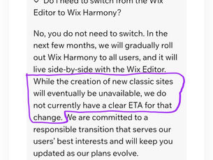 FAQ section on Wix Harmony. Text outlines no immediate need to switch and notes future unavailability of new classic sites. Highlighted text.