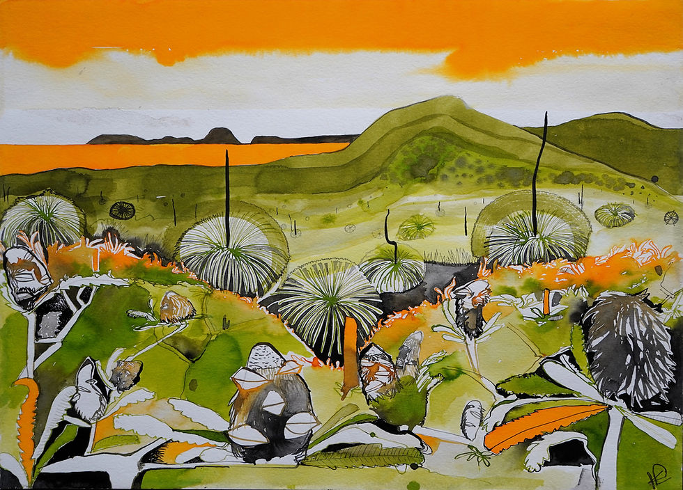 Painting of grass trees and hills under an orange sky.
