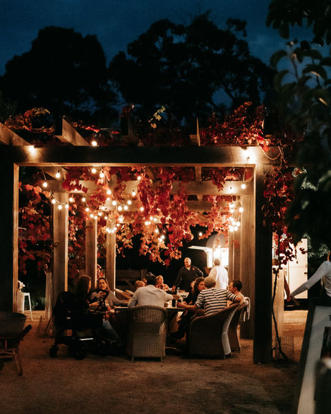 Outdoor evening dining with glowing string lights