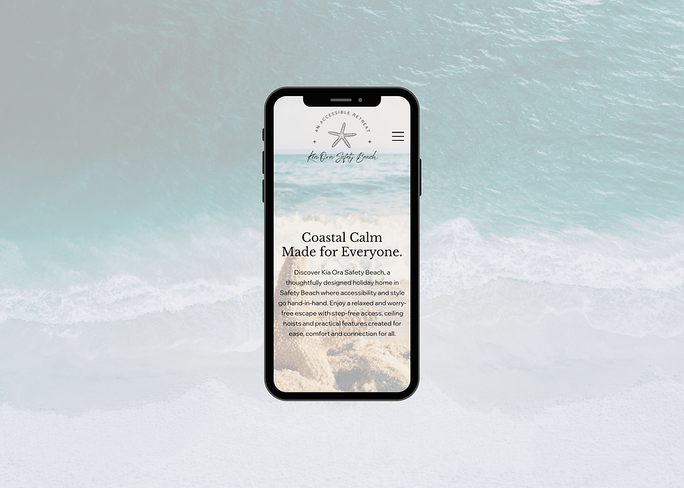 Smartphone mockup over pale blue ocean waves showing Kia Ora Safety Beach website with Coastal Calm Made for Everyone.