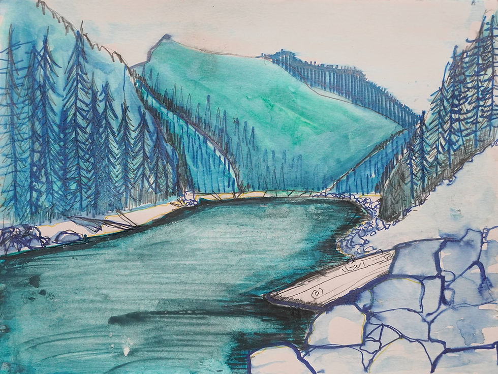 Watercolor painting of a mountain lake with pine forests.