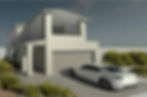 Modern two-story house with white facade and garage. White car parked in driveway. Green shrubs line path under a clear sky.