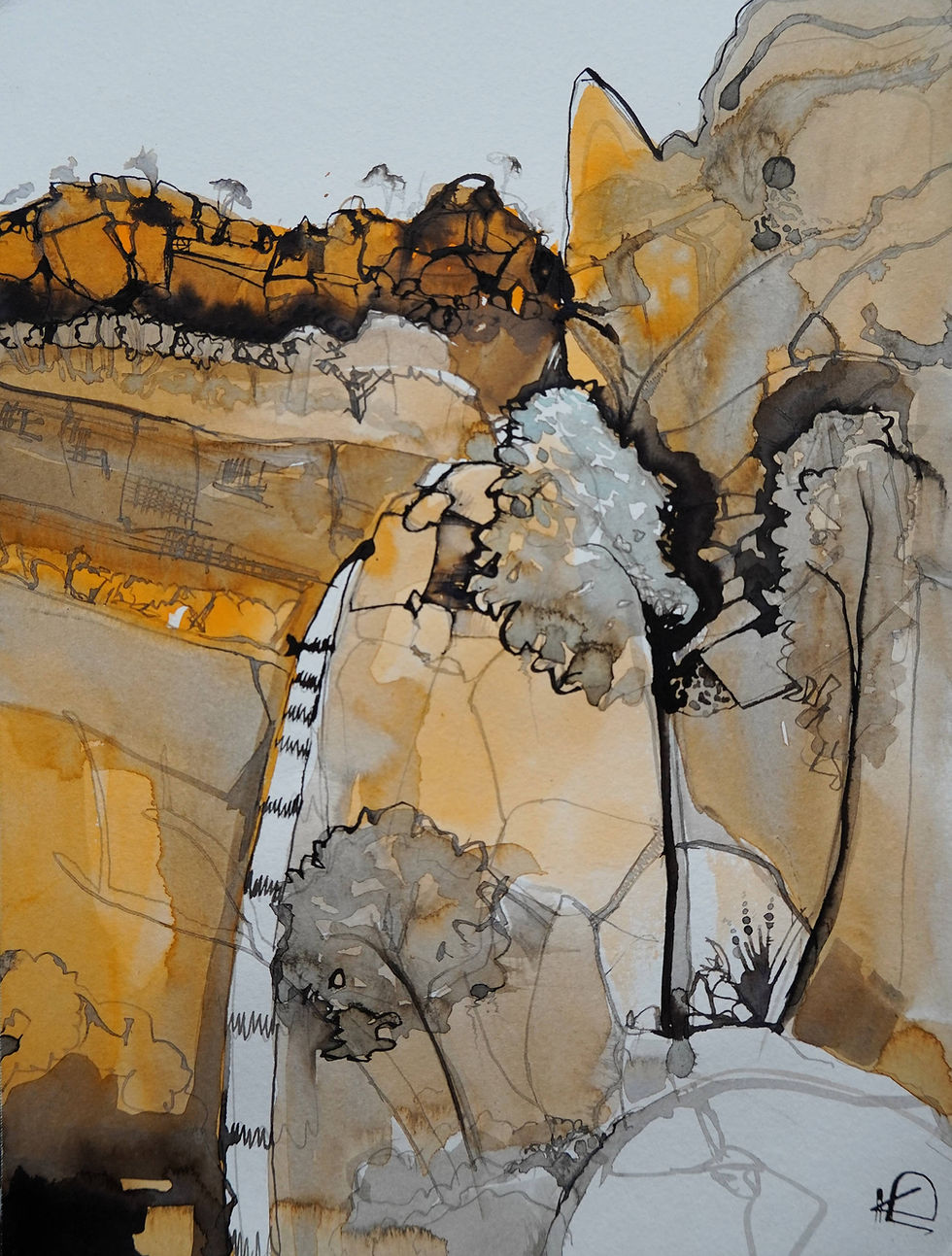 Abstract ink and watercolor painting of rocky cliffs and trees