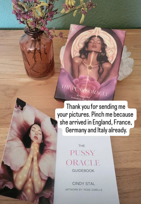 Testimonial screenshot praising the Pussy Oracle deck as a powerful feminine embodiment tool