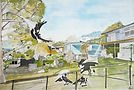 Painting of magpies in a backyard with houses and trees.