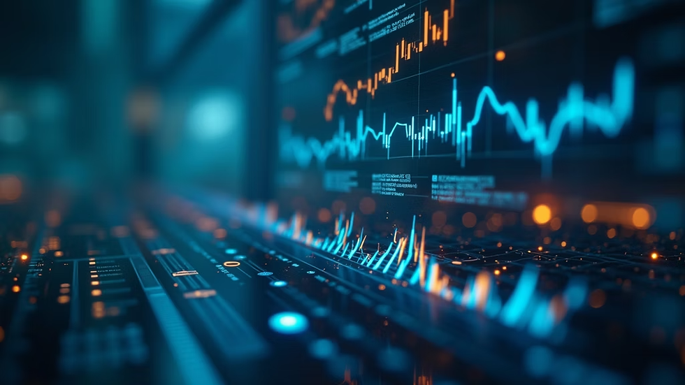 Digital interface displaying orange and blue data charts with glowing graphs. Futuristic and analytical mood in a tech environment.