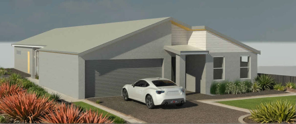 Modern gray house with a white car in the driveway. Desert plants border the path. Overcast sky sets a calm, muted ambiance.