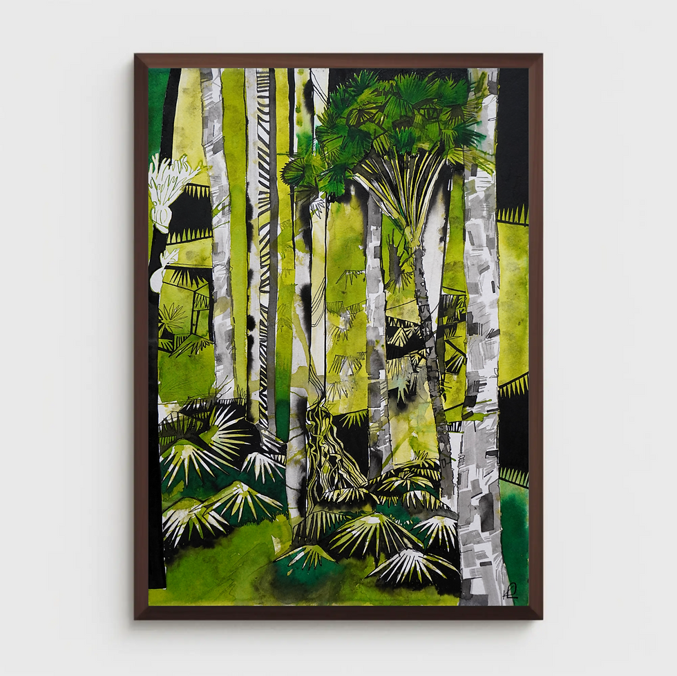Abstract painting of birch trees in a green forest