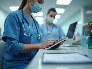 Healthcare professionals in blue scrubs and masks work at a desk with a tablet. A vase with flowers adds color to the clinical setting. Hipaa australia website design Hipaa complaint website design australia hipaa australia web design privacy act health website