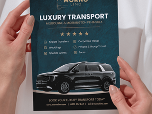 Hands hold a flyer for "Morno Limo" luxury transport. Includes car image, star rating, services list, and contact info. Dark blue background.