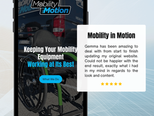 A smartphone displays "Mobility in Motion" website. Text reads "Keeping Your Mobility Equipment Working at Its Best." A review praises Gemma's service.