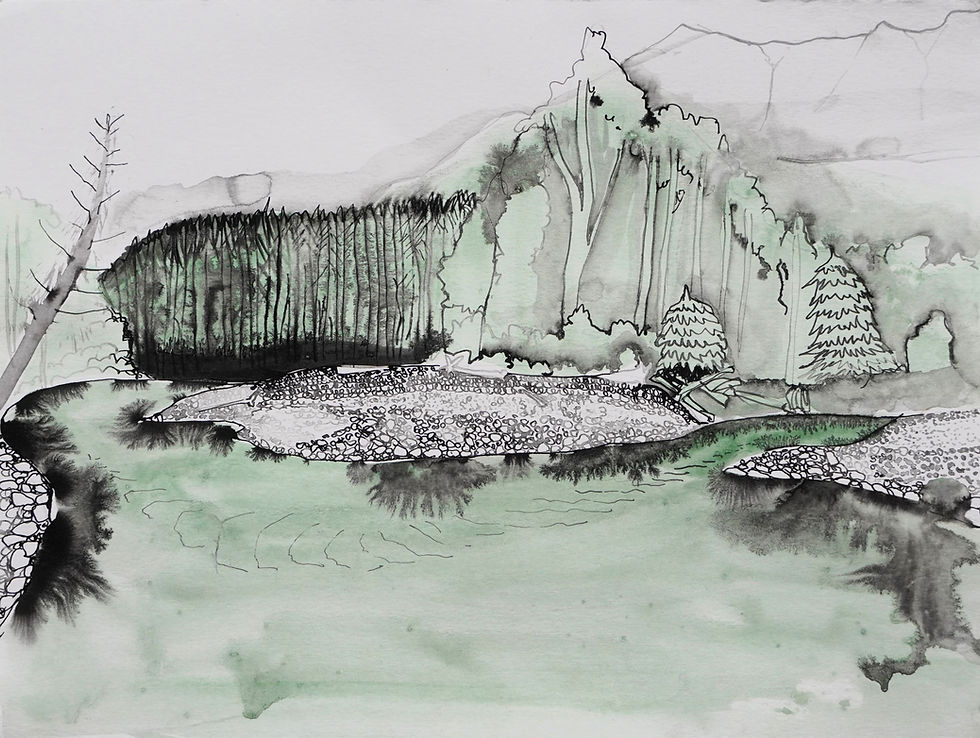 Ink and watercolor landscape of a river and forest.