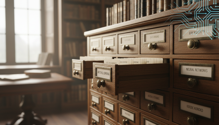 Eye-level view of a wooden bookshelf with labelled index cards arranged neatly in small drawers.