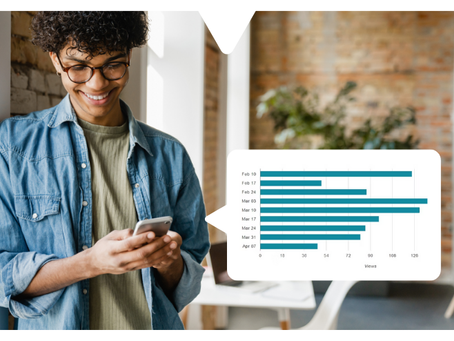Smiling man with glasses uses a phone in an office; inset bar chart shows dates and Views with teal bars.
