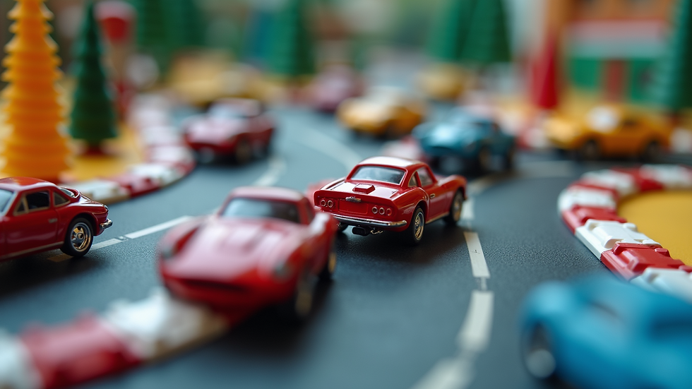 Close-up view of modular diecast race track pieces being connected