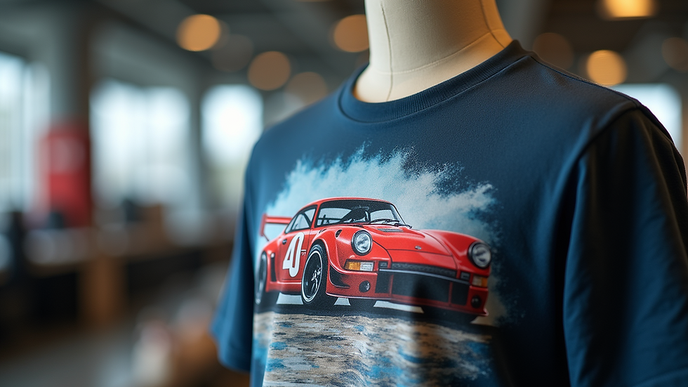 Close-up view of a graphic tee with a racing car print on a mannequin