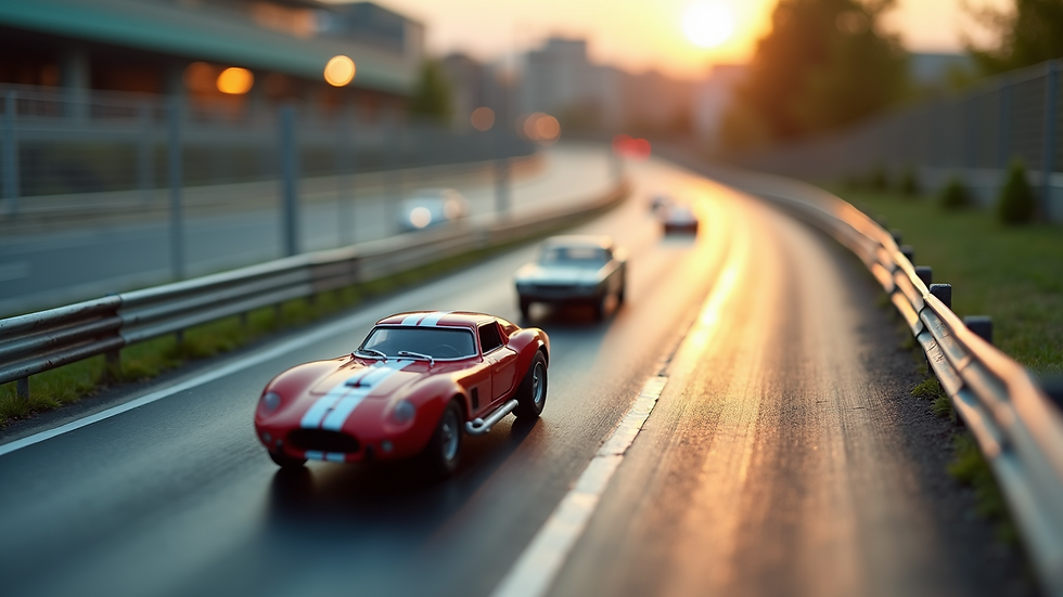 High angle view of a diecast car racing track with cars in motion