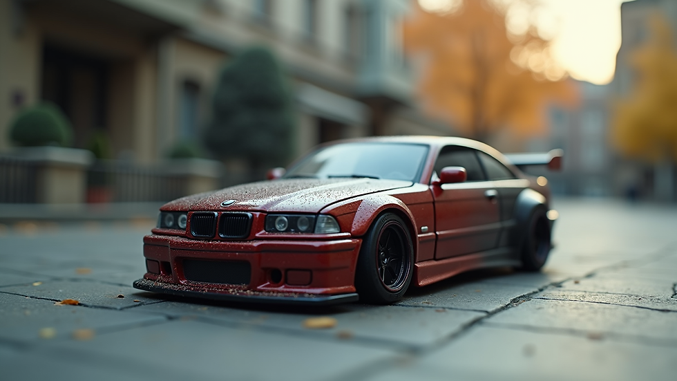 Close-up view of a customized diecast car with detailed paintwork