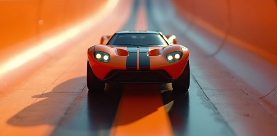 Dynamic-action-shot-of-a-miniature-hot-wheels-car-speeding-down-a-custom-built-track-with-