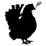Black hen with a flower stem in its beak