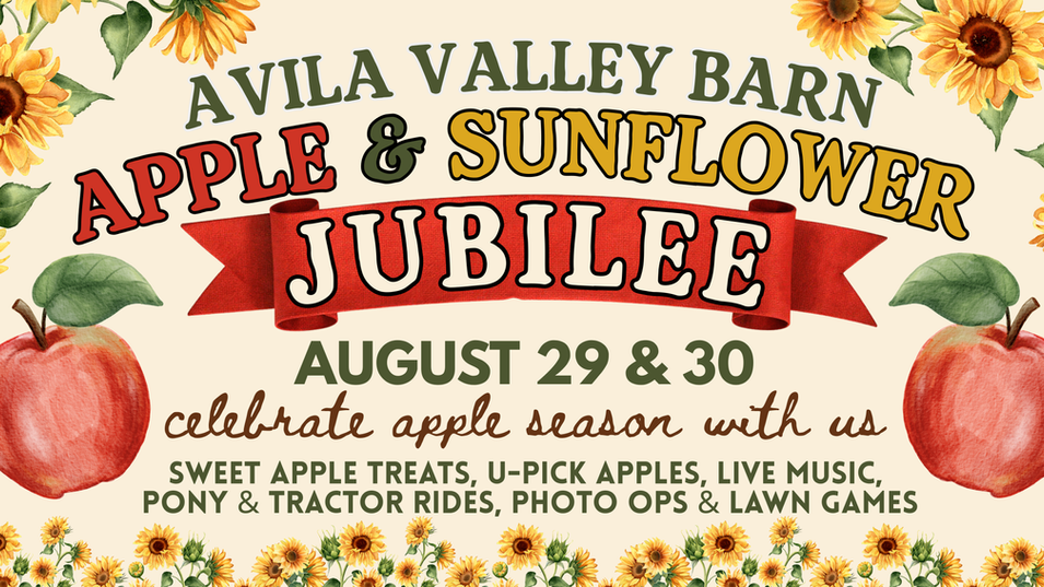 Apple & Sunflower Jubilee at Avila Valley Barn in San Luis Obispo featuring apple picking, sunflower fields, family activities, and seasonal farm treats.