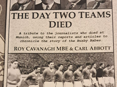 The front of a book with 8 prtraits and a football team line up. The book is calle the day two teams died. It is in greyscale.