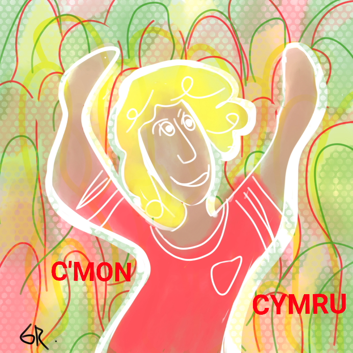 Girl fan Cymru 2022 daily cartoon by Gayle Rogers