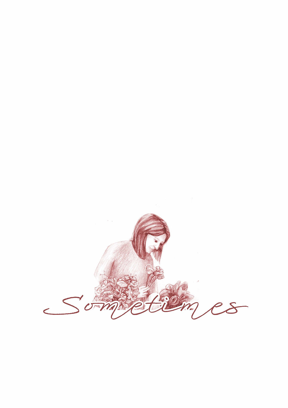 the word sometimes written in slanting handwriting in front of a detail of a girl holding flowers looking down on a vase of flowers. also in the same red.