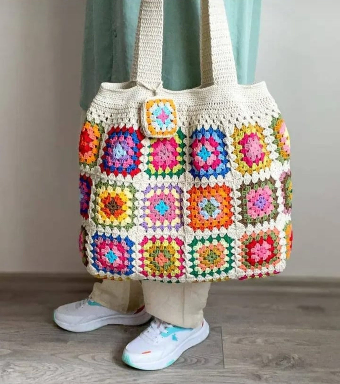 Handmade Square Crochet Tote Bag – Colorful Boho Knitted Shoulder Bag for Women