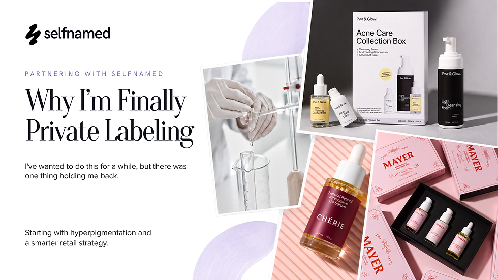 Selfnamed private label skincare products displayed with clean beauty packaging and laboratory imagery, promoting a blog post about starting a private label skincare line.
