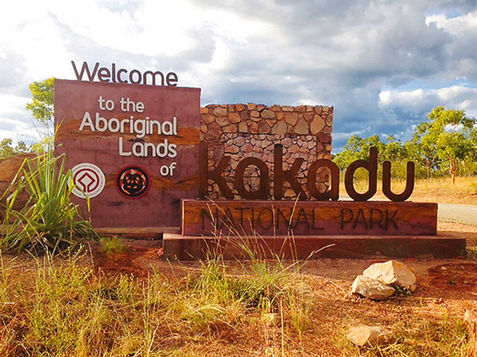 An entry sign at one of the road entrances to the iconic Kakadu National Park, Nothern Territory.